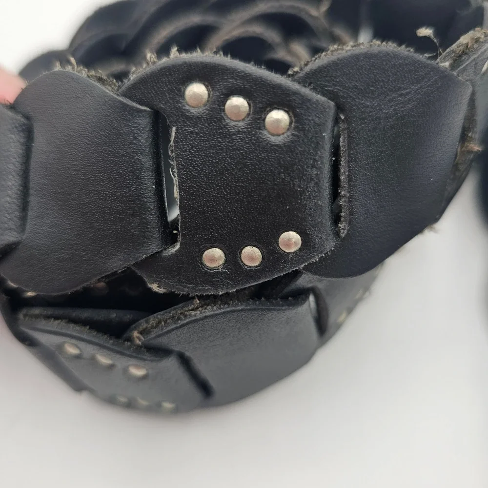 Leather Belt‎ Braided Studded Round Buckle Genuine Leather Black Women 44